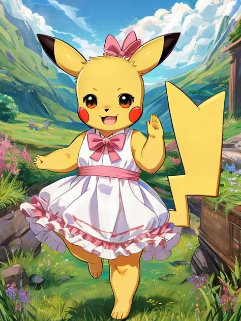 pikachu，White dress for animals，Nice jump，Highest quality，8k、Bright smile、One tail、official、anime、She has a big pink ribbon on her head、In the grassland、Smaller proportions、Dynamically、Lively、Fansa