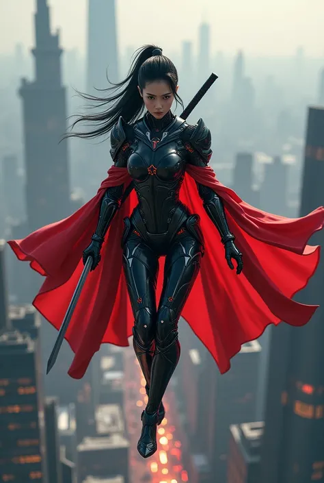 Create a Japanese woman with long tied hair wearing a red cape in a futuristic black and red exoskeleton armor, levitating in the skies of a futuristic city with large buildings, holding an epée.