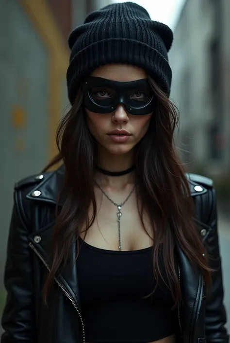 brunette girl with long hair brown eyes wearing black mask black beanie black top leather jacket and two short plain silver chains