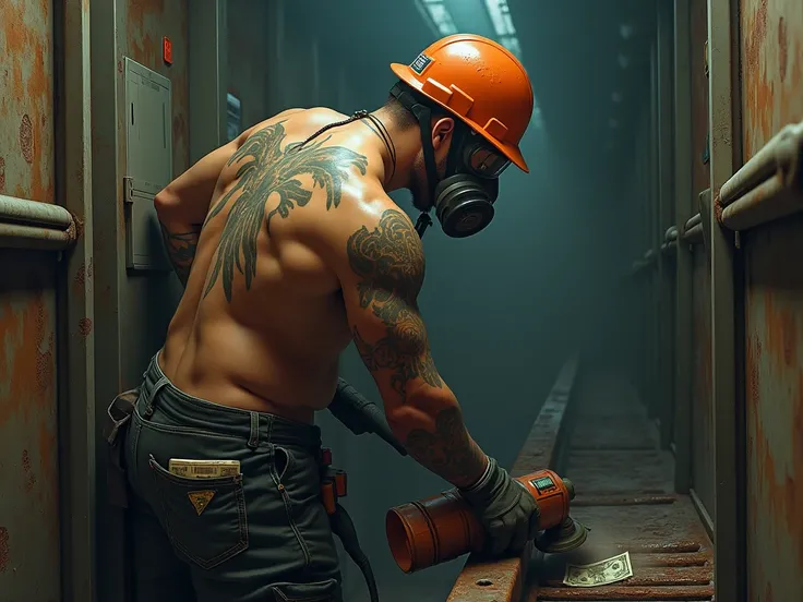 Background elevator shaft，helmet，goggles，work clothes，Topless，A side full back angel tattoo，Arm Japanese style tattoo，3m half-mask gas mask，A pack of cigarettes，Toolbox，Working with an angle grinder to remove rust from the track，hyper-realistic，There is a ...