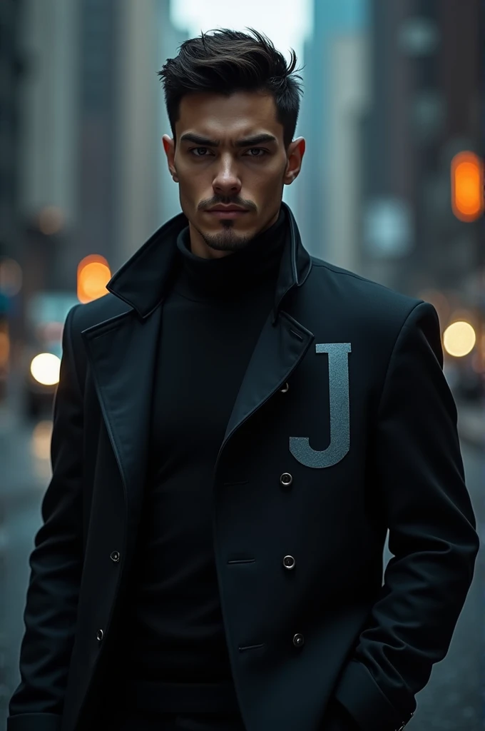 Create a male character with a black jacket and on the jacket put the letter J
