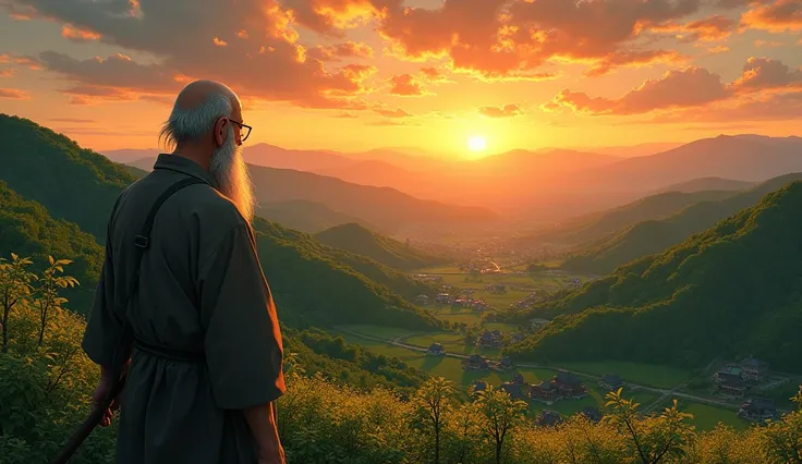 Huh Woon watches the sunset dye the sky orange and gold. His bald figure and long grey beard contrast with the vibrant green of the countryside., e ao longe, small Japanese villages can be seen under the soft light of dusk.