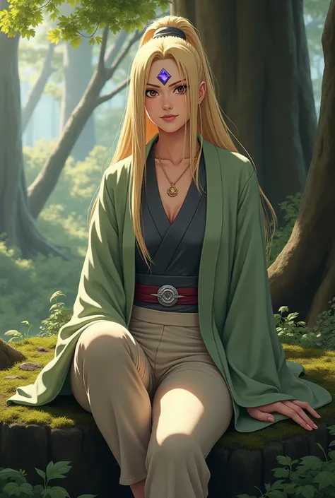 Tsunade Senju, seated on a moss-covered rock in a realistic, sunlit forest, surrounded by towering trees with thick, gnarled trunks. Sunlight gently filters through the leaves, casting a soft glow on her lightly tanned, smooth skin, giving it a subtle, hea...