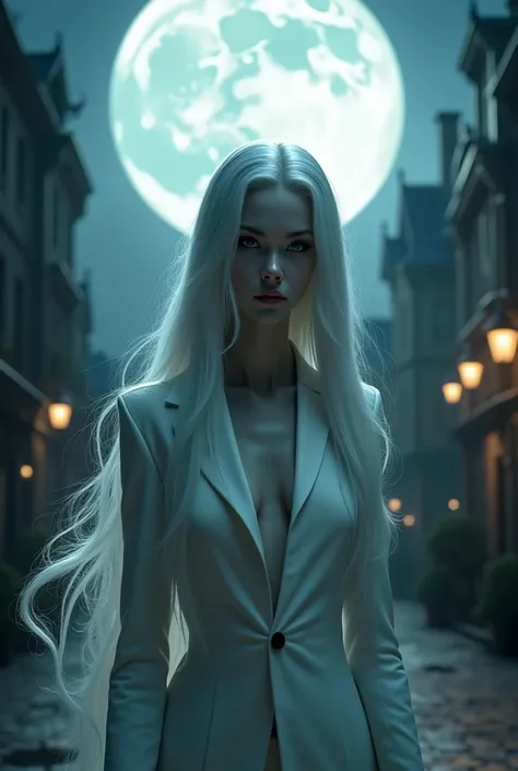 masterpiece, highest quality, (solo focus), (perfect face:1.1), (high detail:1.1),dramatic, 1guy, (pale skin), long white hair, white eyes, solo, long hair, moon, night, white luxury suit, vampire, covered navel, pouty lips, covered, victorian city, detail...