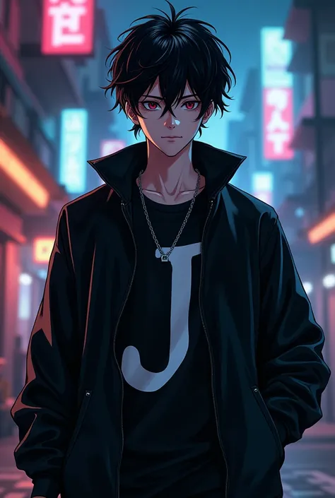 Create me a male anime character with a black jacket and on the jacket put the letter J
