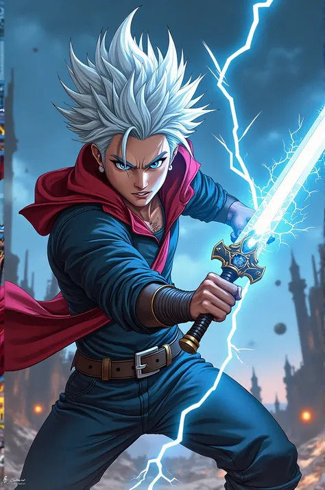 Manga, with spiky silver haired character holding thunder sword 