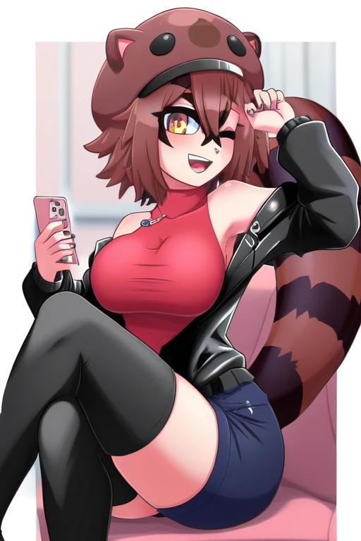 create an image of rakkun, the peruvian vtuber, inspired by a raccoon. it shows rakkun with a happy and playful expression, high...