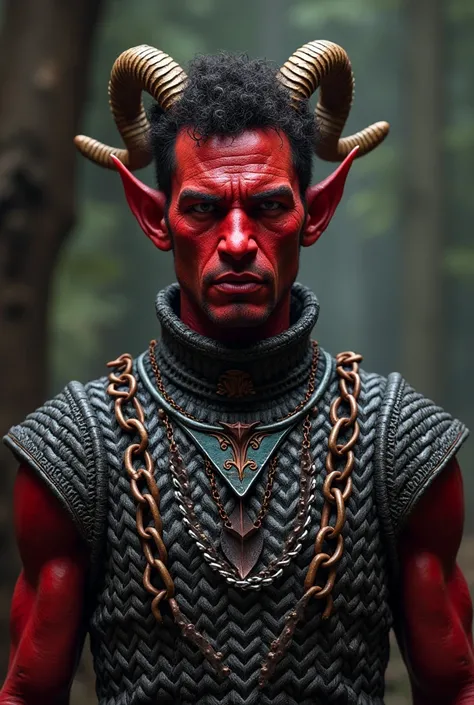 (photorealism:1.2), Tiefling, tall, chain mail armor, red skin, mid-20s, short curly hair, horns that curl like a ram