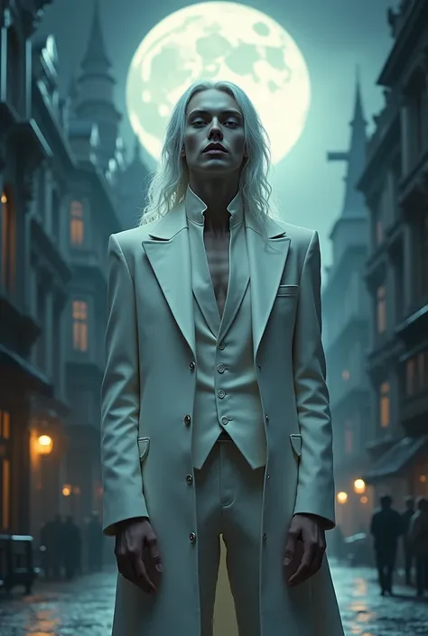 masterpiece, highest quality, (solo focus), (perfect face:1.1), (high detail:1.1), dramatic, 1guy, (pale skin), long white hair, white eyes, solo, long hair, moon, night, white luxury suit, vampire, covered navel, pouty lips, covered, victorian city, detai...