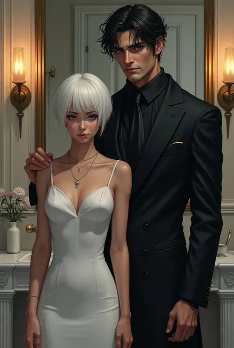 A woman dressed in a tight-fitting wedding dress, she is in a beautiful bathroom with a sad face, She has very short white hair, light brown skin and violet eyes, The man was standing next to her with his hand on her shoulder, The man is tall, strong and d...