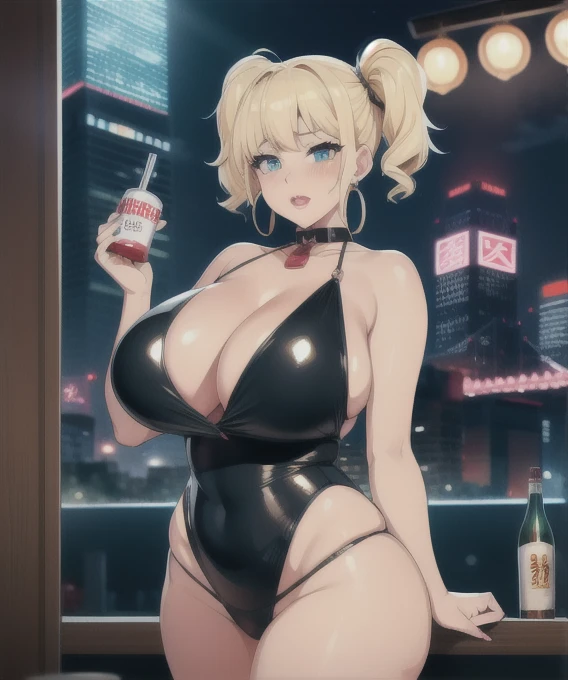 One girl,  (((Slut))),Hoop Earrings, Swollen lips, Painted lips, Thick lips. 
Blonde, Short Twin Tails, Wide Hips, Thick thighs, Bursting Chest Nightlife, City of night, サイbarパンクシティ, Futuristic cityscape. Neon Light, (Skyscraper:1.1), Tokyo Tower, Palm tre...