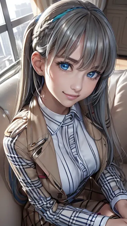 masterpiece, best quality, highres, 8k, (photorealistic:1.3), 
(Greige hair:1.2), (highlights:1.1), (blue streaks:1.3), (no pink streaks:1.5), braided bangs, high ponytail, 
turquoise blue eyes, 
(smiling gently, with a friendly and approachable expression...