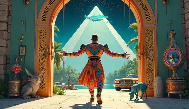 Un homme avec des vêtements futuristes pousse des deux mains des portes futuristes  avec des figures géométriques de couleurs différentes sur la porte et devant lui une pyramide avec de lherbe et des animaux ,le tout ressemblent à la peinture que jai publi...