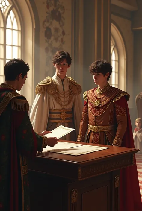 Photo realism. In a utopian sci-fi fantasy world, two teenage brothers who are princes, Kendrick, 16 , with short dark brown touseled hair, in royal attire. Devon, slightly taller, 19, composed, rigid, short clean cut dark brown hair, in royal attire. A ro...