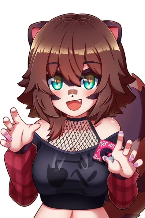 create an image of rakkun, the peruvian vtuber, inspired by a raccoon. it shows rakkun with a happy and playful expression, high...