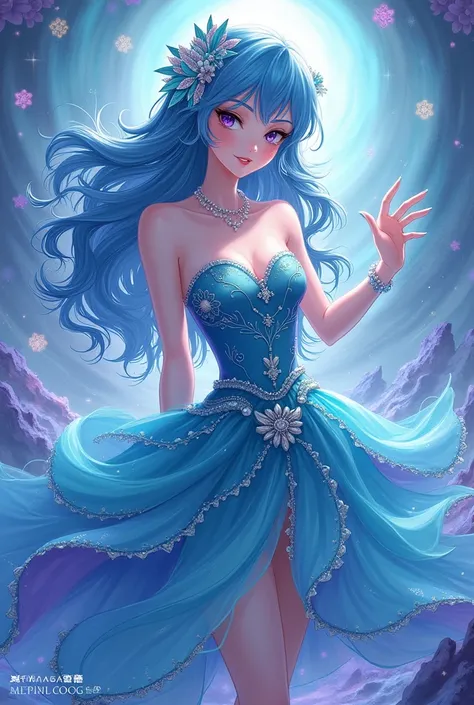 (best quality1.5), (detailed), (masterpiece), (Mona from genshin impact), (wearing a beautiful sea themed dress, winx enchantix inspired, sea accessories, ocean aesthetic, pearls, ocean themed, blue purple and pink color palette:1.5)