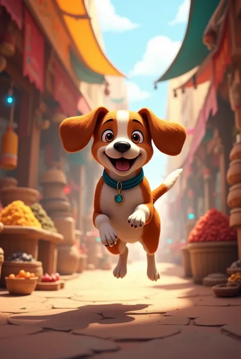 A beagle leaping in a colorful marketplace, where the light from various stalls reflects off vibrant textures, creating dynamic, multidimensional layers of suspended motion.
