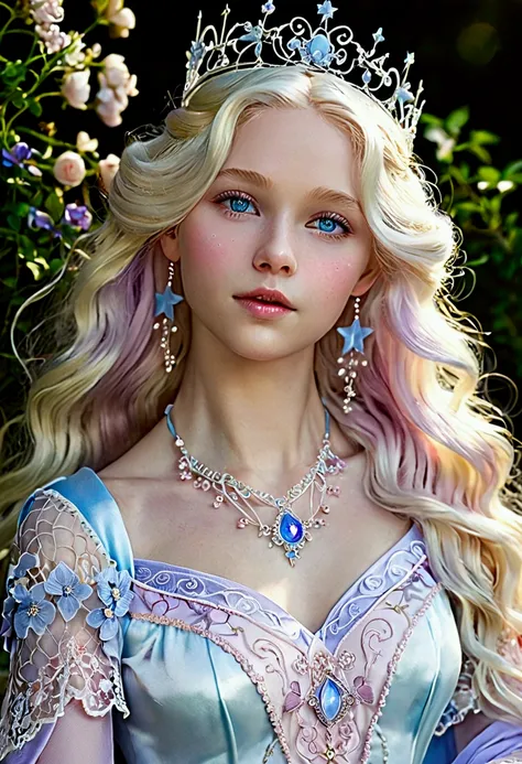 Aurora is an ethereal-looking young woman with long, wavy platinum blonde hair that shimmers in the light., sparkling light blue eyes and smooth porcelain skin. She wears flowing clothes in pastel colors., like white, light blue, lavender and rose, with la...