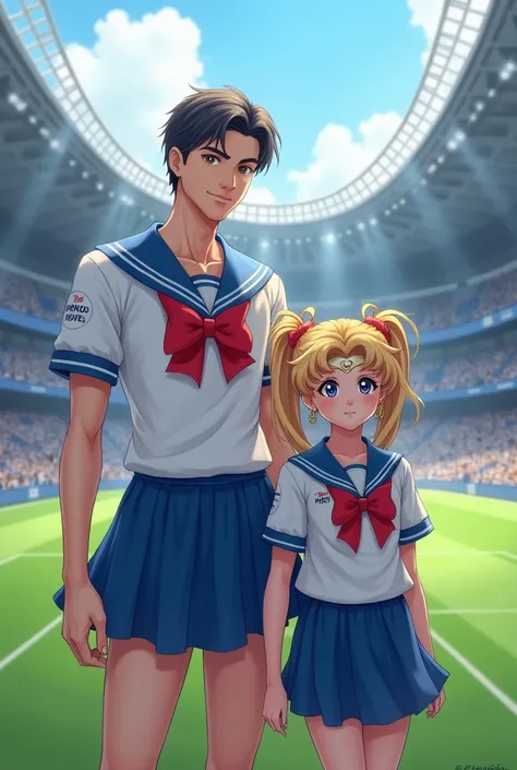 Man and girl sailor moon Santiago Bernabeu with shirt names Diana and Borja