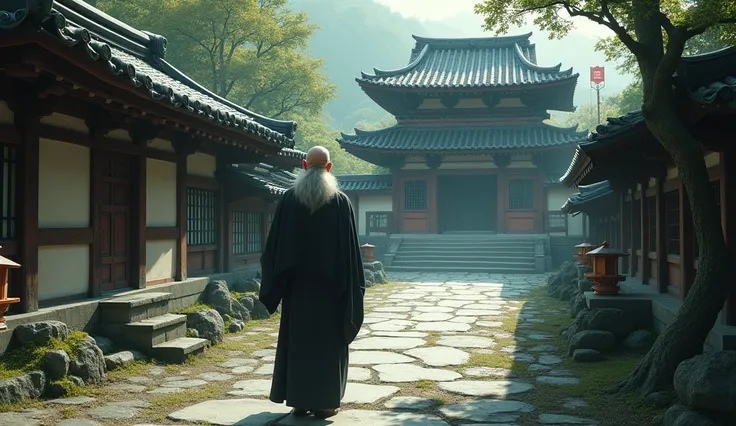 Huh Woon, bald with a long gray beard, walks backwards along a stone path leading to an ancient Japanese Buddhist temple. His serene figure stands out against the background of the temple., surrounded by stone and moss lanterns, as he approaches silently, ...