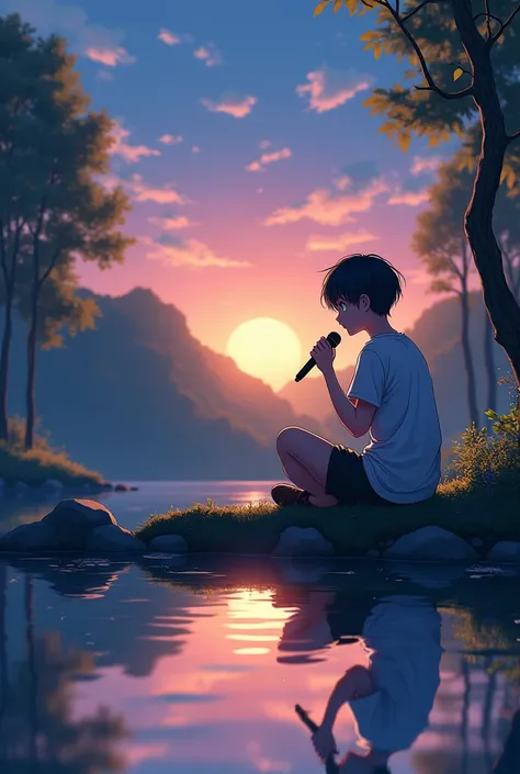 A  Anime boy 18 years ago mood off and sitting on a pond evening time 🌆 verry beautiful moment .
No mobile phone  .
 Having a microphone and he is singing 