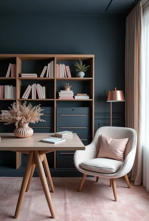 Feminine and delicate office with dark blue wall and multifunctional bookshelf.