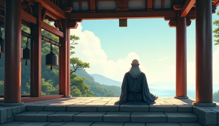 Sitting with your back to the steps of a Shinto shrine, Huh Woon, clearly bald, observe the horizon. His long, gray beard rests on his traditional robes., as the temple bells echo softly around you, creating an environment of spiritual peace.