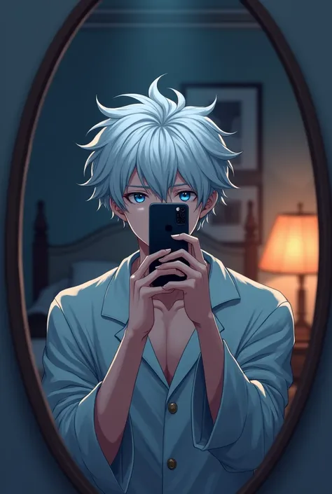 Anime of a 20 year old young man with white hair and blue eyes, Upper part of the body, wearing grey pajamas, selfie, boy taking a selfie with a cell phone without showing his face in front of a mirror, Bedroom at the back, at night