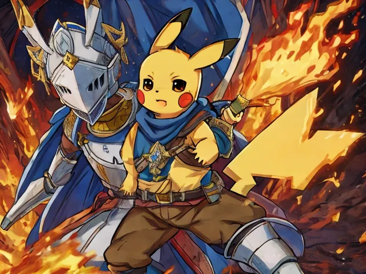 pikachu，Highest quality，8k、One tail、official、anime、Smaller proportions、Dynamically、As cool as Fire Emblem、knight