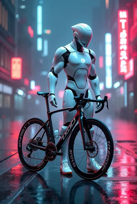 Road bike  Specialized tarmac branca ao lado do iron man branco futurista em cyberpunk neon 