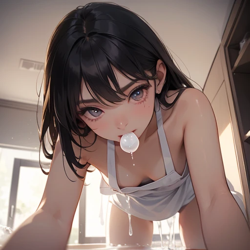 Beautiful girl dangles a broken balloon from her mouth、Flat Chest、White liquid dripping from the mouth、Lean back on all fours、Naked Apron、See-through、(Looking into the camera、Looking down:1.5)、kitchen、Wide viewing angles、White liquid on thighs、Straddle、(Un...