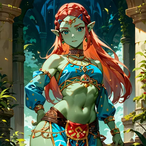 ((highest quality)), ((masterpiece)), (detailed), （perfect face）、the woman is princess zelda, with green skin and red hair, wear...