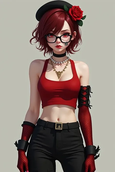 Pale skinned woman with short, messy dark red hair, tomboy style clothing with a red crop top dark red fishnet gloves and black cargo pants red boots with black, on his face elegant black glasses with a band-aid on his white nose, on her neck a gold-colore...