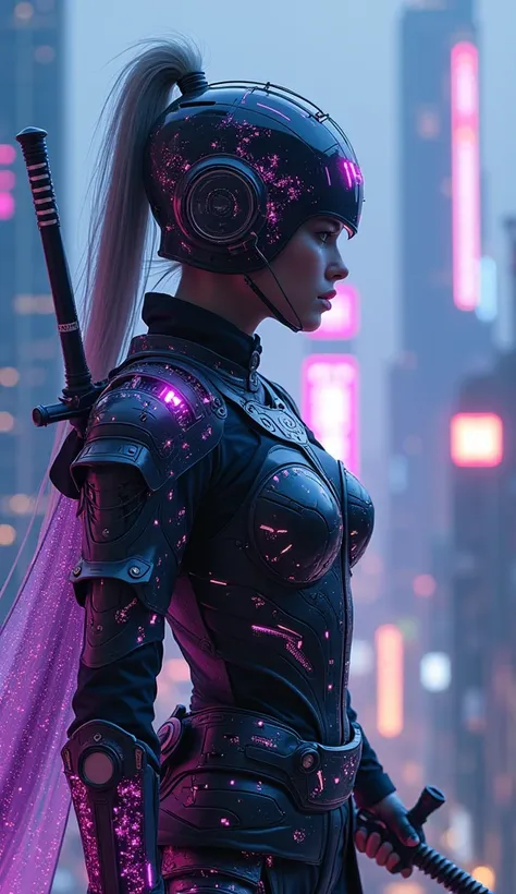 Create a hyper-realistic image of a female futuristic samurai in a cyberpunk cityscape. She wears a sleek, form-fitting version of traditional samurai armor, intricately patterned with glowing Tech Circuits TC1. Her helmet features a holographic HUD and re...