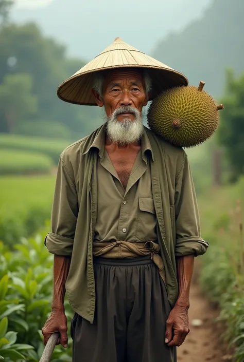 old man wearing conical hat Asian farm with his back to the farm carrying a durian on his shoulder wearing Vietnamese ao ba ba