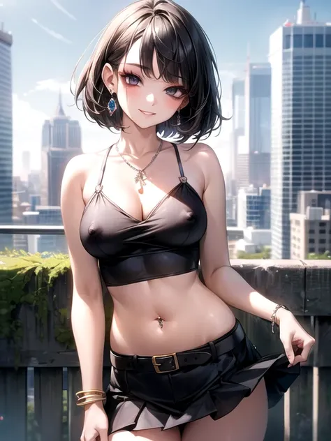 (masterpiece, highest quality, extremely detailed CG), perfect pixel, one girl, cute, perfect body, anatomically correct, beautiful eyelashes, 20 years old, (clear make up:1.3), beautiful eyelashes, black hair, bob cut, swept bangs, BREAK black eyes, droop...