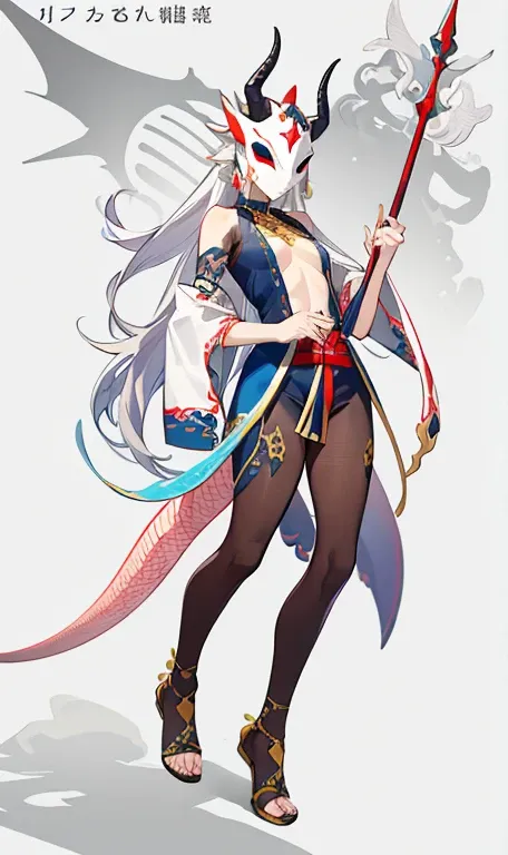 Snake hair.Dragon Horn，Half Skull Mask. Features of the five senses of Asians，Bandage wrapping，Bones wrapped around the chest，Sexy lower body，Silver，Sexy，aesthetics， Holding an irregular spear，Three White. Anime animation style.There&#39;s a skeleton monst...