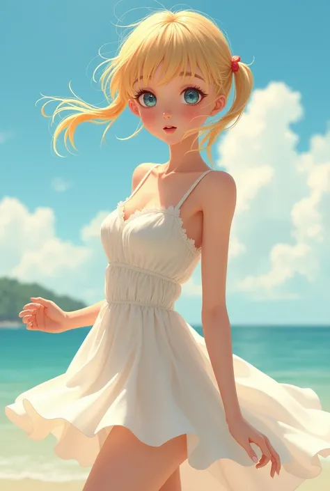 Beautifully young blonde girl with pigtails, small chested with wearing a small sundress that is made tight fit around torso. Its a very breezy day with lots of wind. The dress is thin in material. 