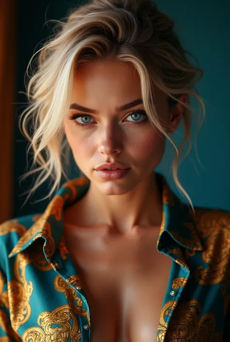 A beautiful blonde girl with piercing blue eyes, raising right eyebrow in a playful expression, and a partially unbuttoned Versace shirt, high quality, photo-realistic, hyper detailed, cinematic lighting, vibrant colors, dramatic