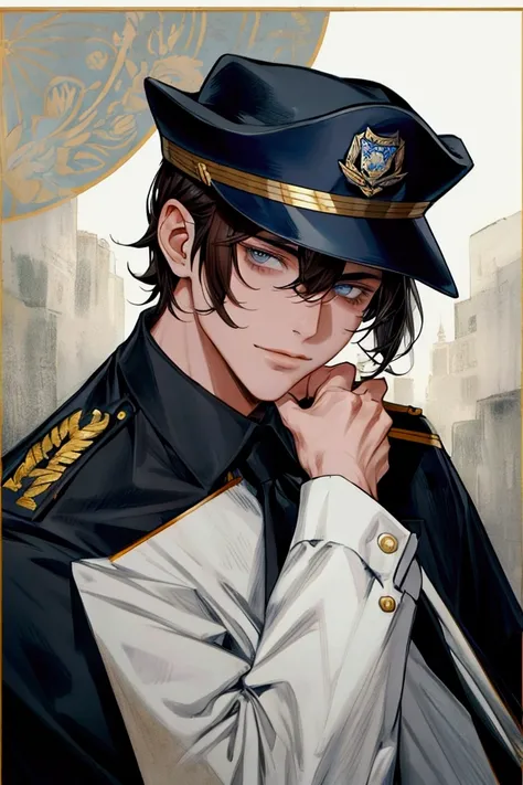 1guy, dark hair, short hair, has bangs on face, police hat, Wearing police uniform, half body canvas