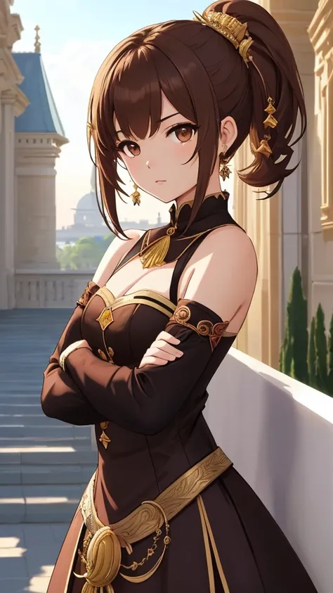 arms crossed, 1 small breasted girl, brown hair up, brown eyes, ((crescent hair ornament)), Genshin Impact dress style, bare shoulders, palace in the background