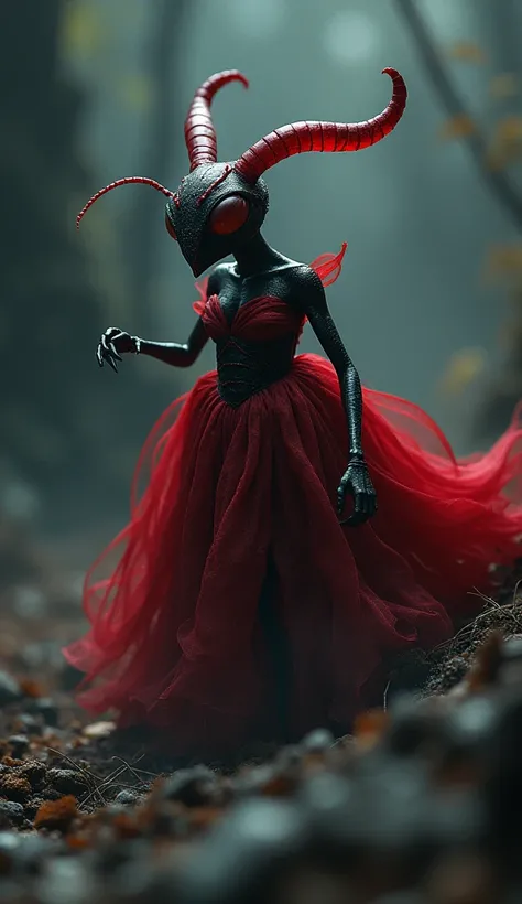 An ant emerging from the dark wearing devils dress 