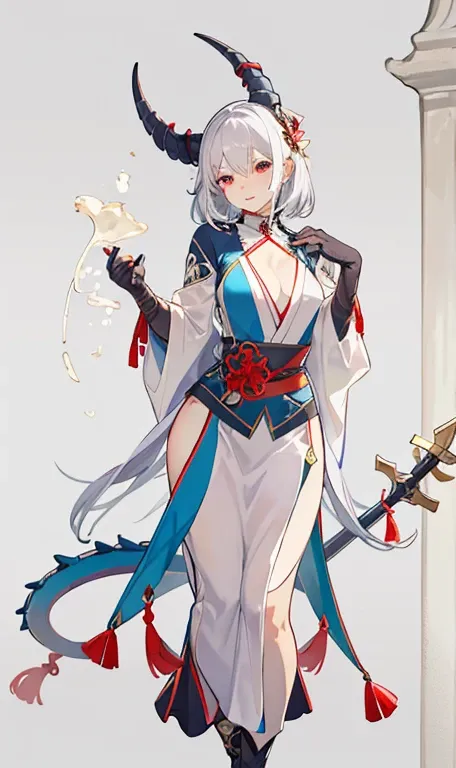 Snake hair.Dragon Horn，Half Skull Mask. Features of the five senses of Asians，Bandage wrapping，Bones wrapped around the chest，Sexy lower body，Silver，Sexy，aesthetics， Holding an irregular spear，Three White. Anime animation style.There&#39;s a skeleton monst...