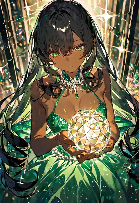 dark skinned anime girl, long curled black hair, seductive eyes, beautiful green sparkle ball gown, looking down on you