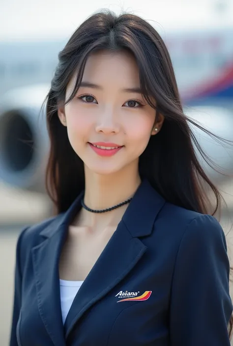 realistic image, cute korean woman, 20 years old, white skin, korean makeup, double eyelid, natural libs, small piercings on ears, thin necklace, black straight long hair, big bust, wearing Asiana airline stewadess uniform, slim face, smiling faintly, uppe...