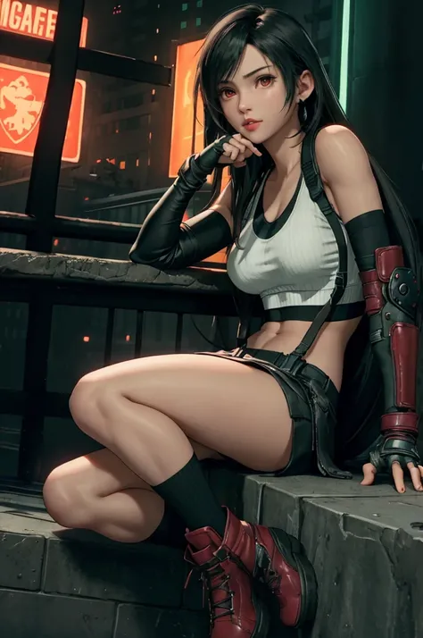 Tifa Lockhart, Final Fantasy VII,,Ankle boots, Black Hair, black skirt, black knee socks, Big Breasts, Cityscape, Crop top, Elbow Gloves, Elbow pads, fingerless gloves, whole body, Headrest, Small face,8 heads,Clear red eyes,lips,View your viewers, low-tie...