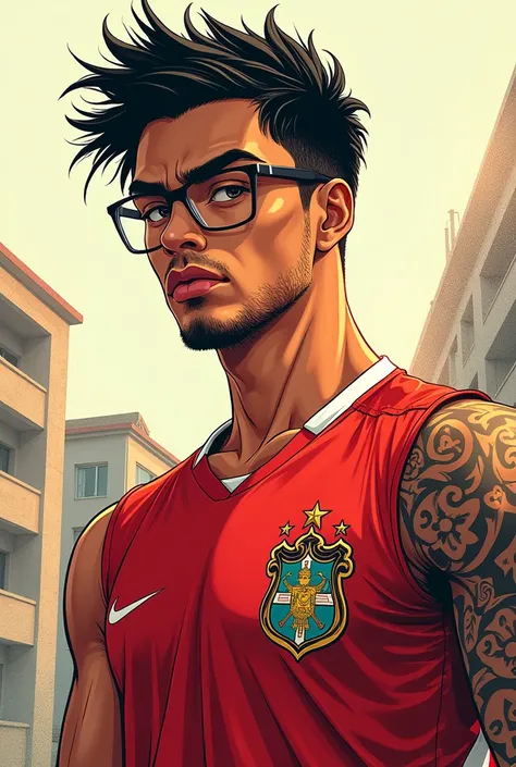 A manga-style drawing of a Brazilian man with glasses wearing a Flamengo shirt with a tattoo on his left arm 