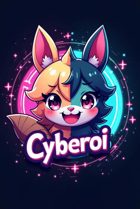 A logo with a happy and sad face with the name CYBEROI in an anime style
