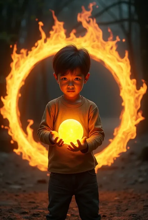 Generate a image for me of a young
 boy with a magical transperent yellow ball on his hand and standing on a dark with a ring of Magical fire. Make it little bit realistic make the background more dark 