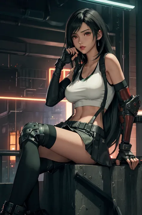 Tifa Lockhart, Final Fantasy VII,,Ankle boots, Black Hair, black skirt, black knee socks, Big Breasts, Cityscape, Crop top, Elbow Gloves, Elbow pads, fingerless gloves, whole body, Headrest, Small face,8 heads,Clear red eyes,lips,View your viewers, low-tie...